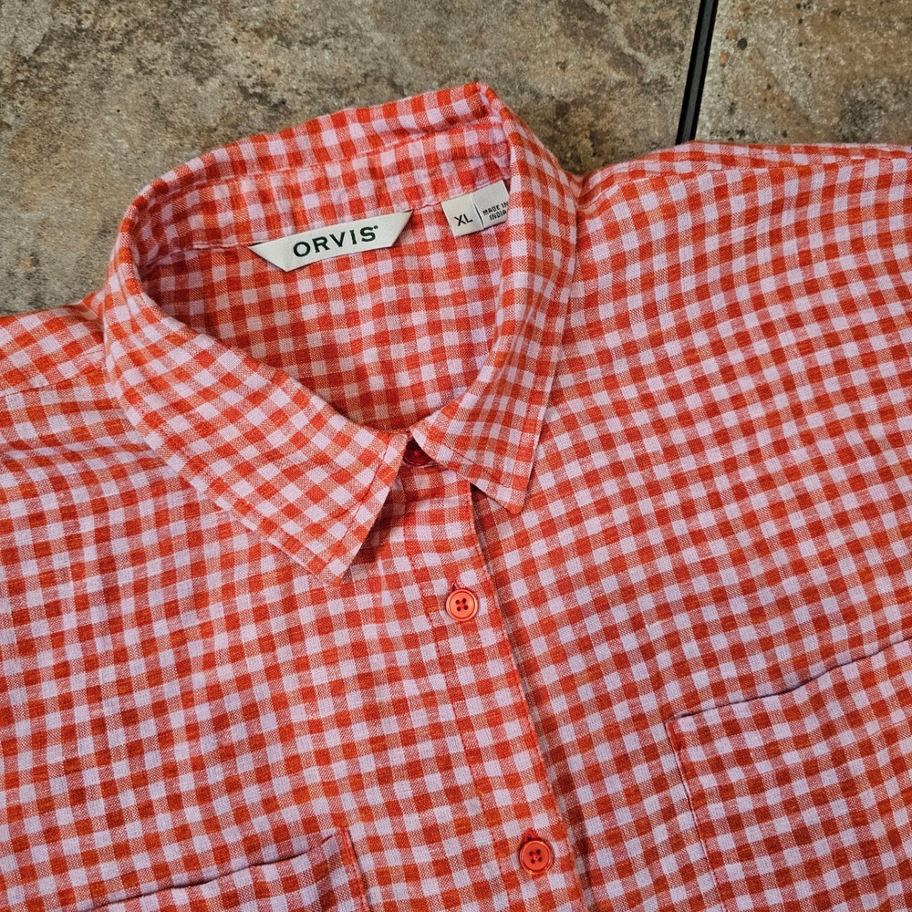 Orvis Mens XL Red Gingham Linen Blend Short Sleeve Button Down Shirt Boxy Fit